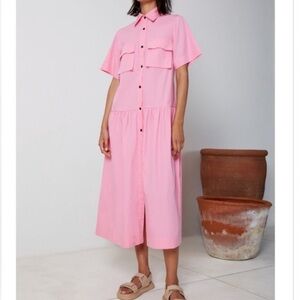 SWF Utilitarian Pink Button-Down Midi Dress short sleeve cotton XS S/W/F